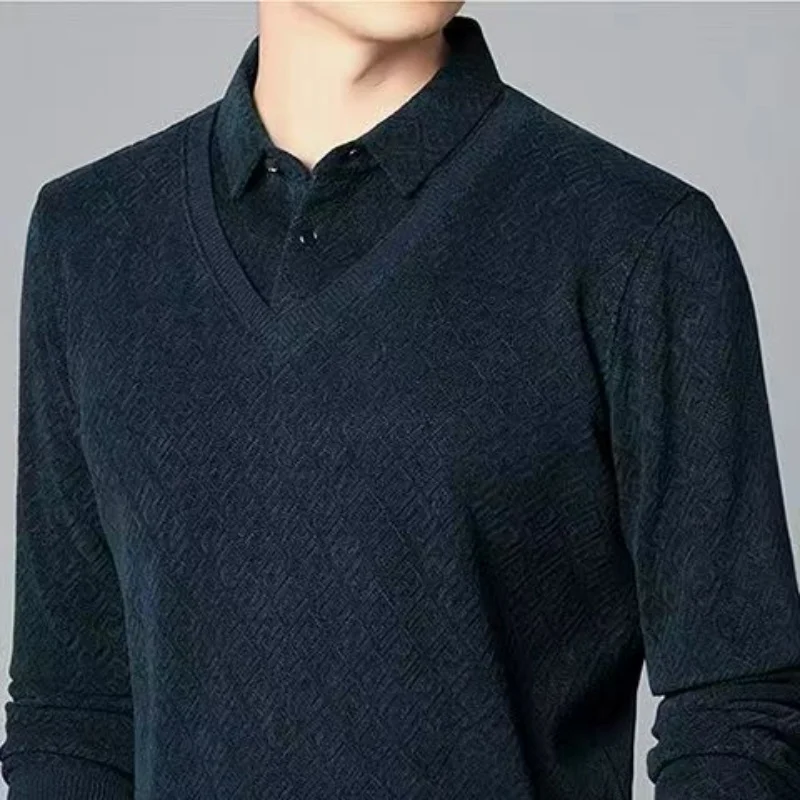 Korean Winter Chenille Fake Two Piece Polo Neck Sweater Middle Aged Men\'s Solid Fleece Thickened Button Patchwork Knit Warm Top