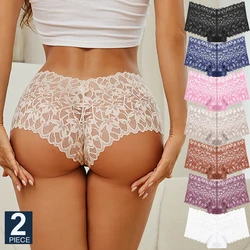 FINETOO 2Pcs Lace Four Shorts Women Low-Rise Panties Floral Underwear S-XL Girls Sexy Panties Ladies Lace Underpants Lingerie