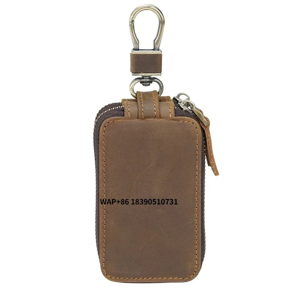 Factory Supply High Quality Car Key Case Bag Crazy Horse Genuine Leather Wallet With Keychain Retro Key Cover Case Key Ring