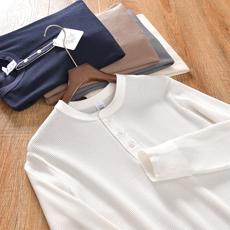 High Weight Long Sleeve Men's T-Shirt Henry Collar Workwear Autumn Simple Style Youth Fashion Regular Fit Base Shirt