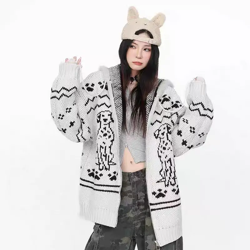 

American Vintage Cute Dogs Jacquard Hoodie Knitted Sweater Women Cardigans Zipper Long Sleeve Coats All-match Knitwear Jackets