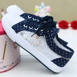 Girls Blue Canvas Shoes Lace up Women Flat Shoes Summer Mesh Women Sneakers Comfort Female Casual Footwear Flowers Ladies Shoes