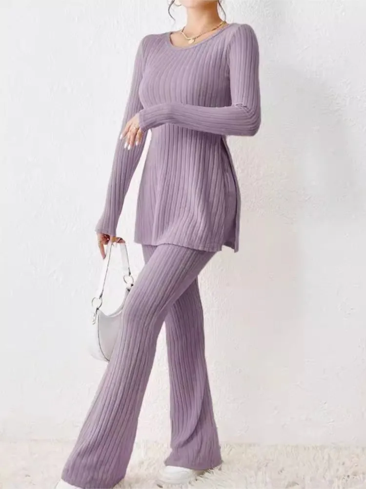 Outono inverno malha 2 peça ternos feminino manga longa com nervuras fenda lateral longo topo e cintura alta lápis calças definir moda outfit