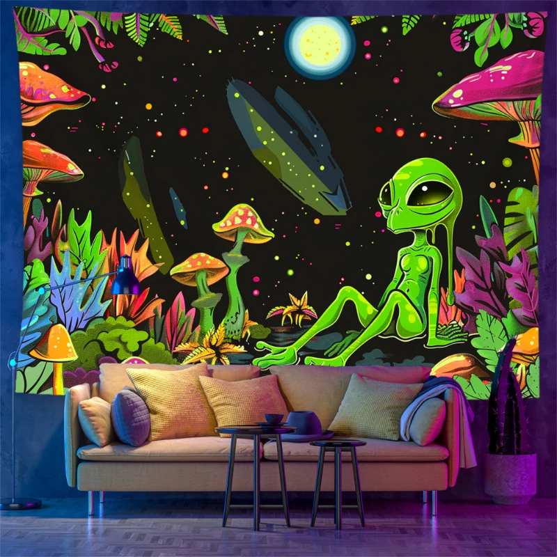 VIKAMA Psychedelic Alien Hemp Leaf Tapestry, Colorful Space Wall Hanging, Trippy Atmosphere Decor for Bedroom Dorm Party
