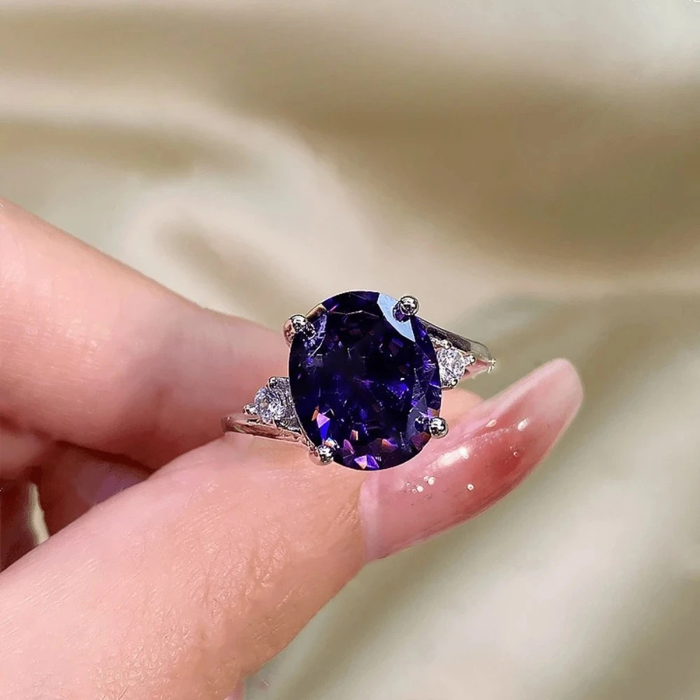 Luxury 925 Sterling Silver High-End Oval Amethyst Gold-plated Platinum Gemstone Finger Ring