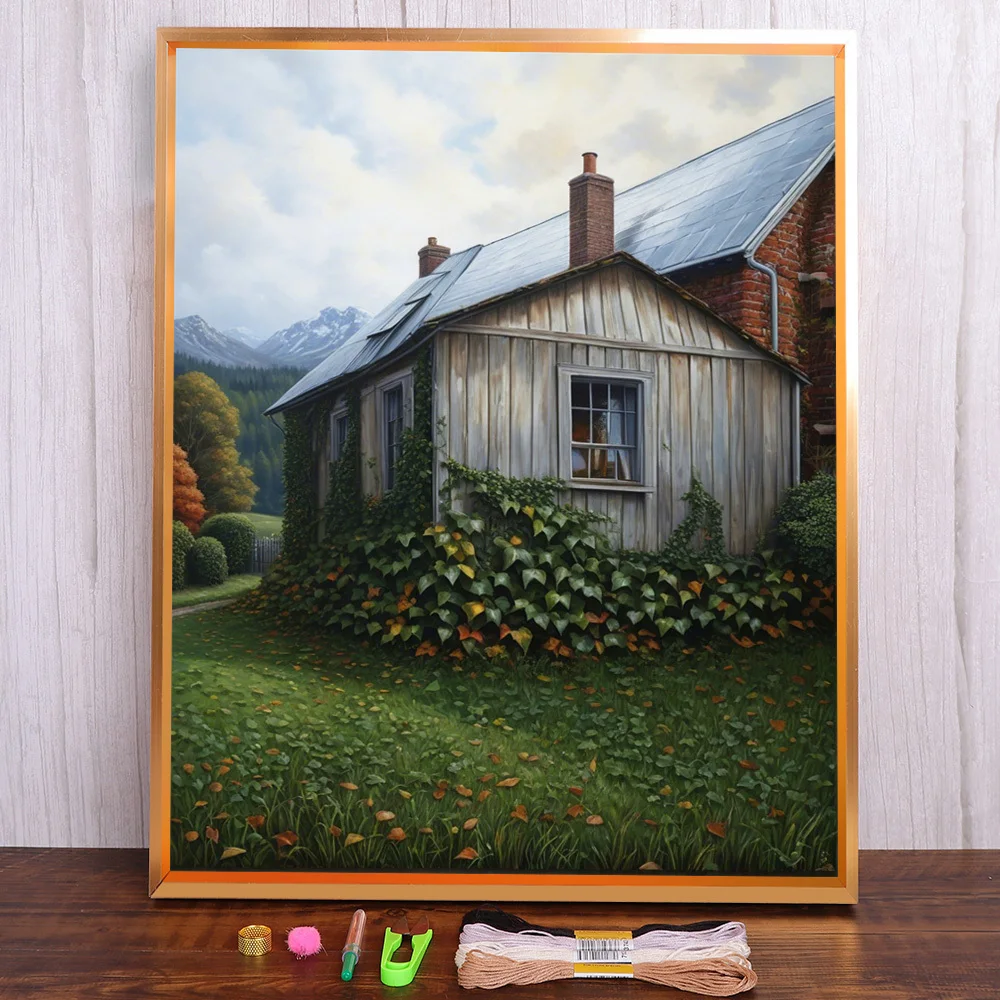 Kit de broderie de paysage de maison en bois imprimé, artisanat fait à la main, couture grossière, point de croix, invitation, peinture, magique compté GT