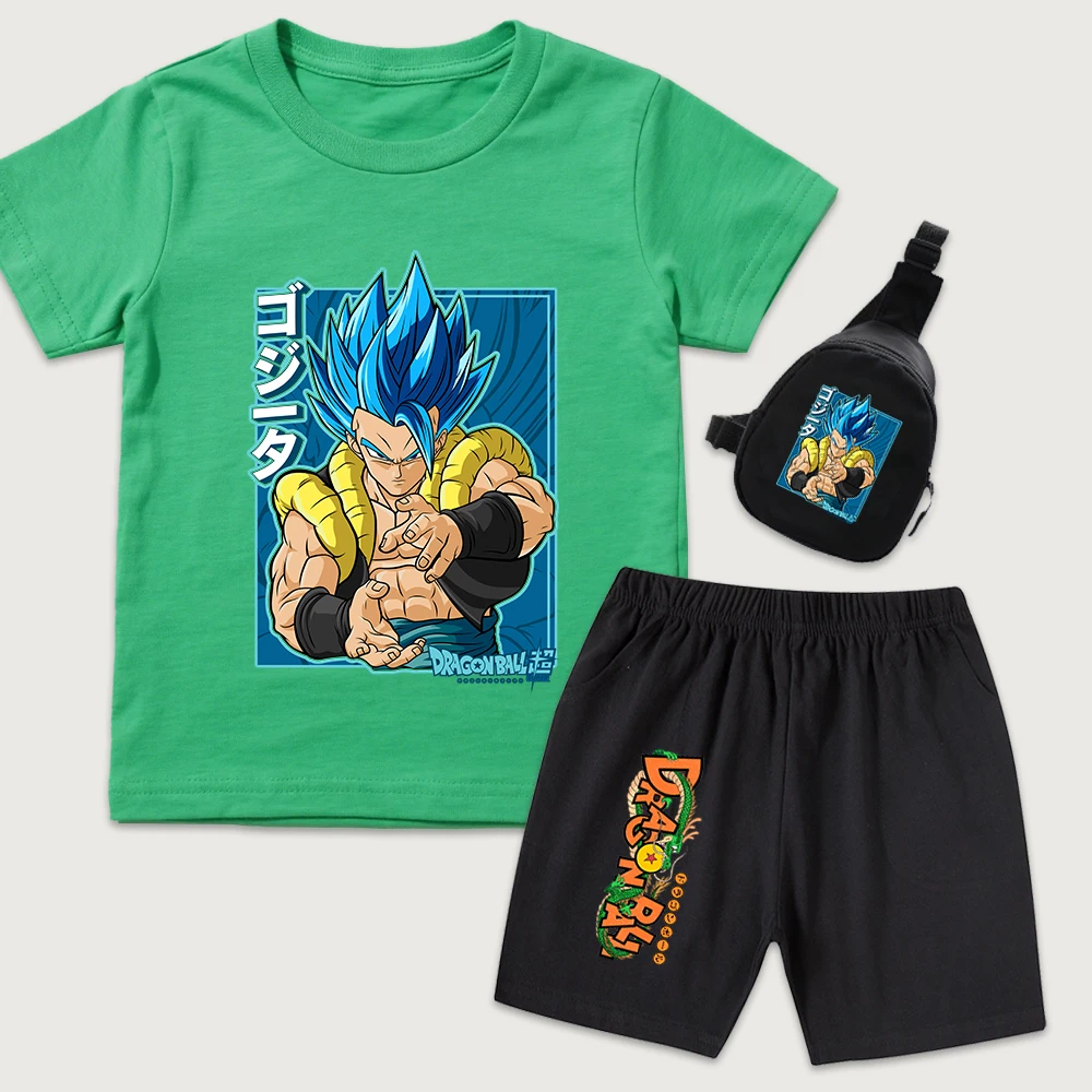 Dbz Gogeta Blue Print Cotton T Shirt Shorts Mini Chest Bag 3 Piece Set Kids Boys Girls Summer Casual Outfit