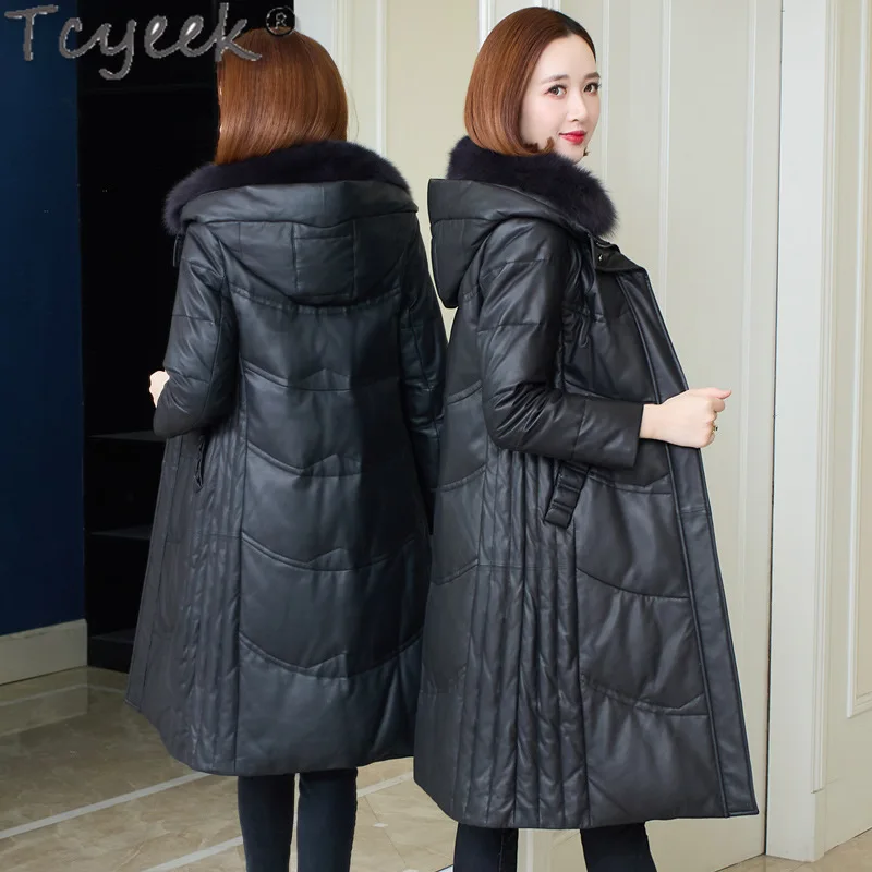 Tcyeek Genuine Leather Down Jacket Women Winter Jackets Mid-length Real Sheepskin Coat for Woman Clothing Warm Fox Fur Collar