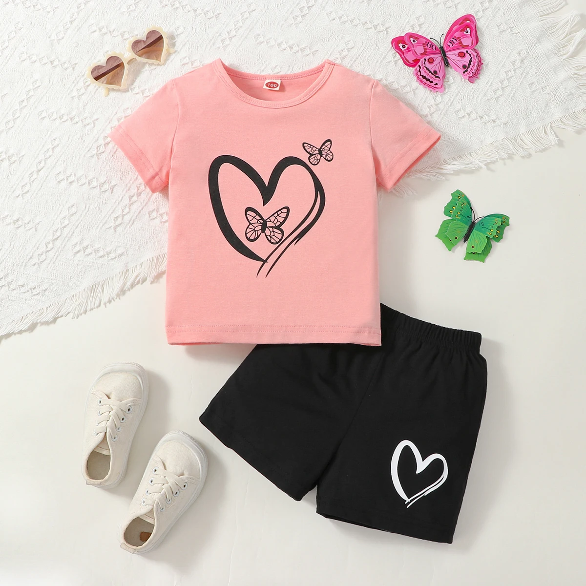 Summer Baby Girl Heart-Shaped Butterfly Print Round Neck T-Shirt And Cute Black Shorts Set Short-Sleeved Outfit for Infants
