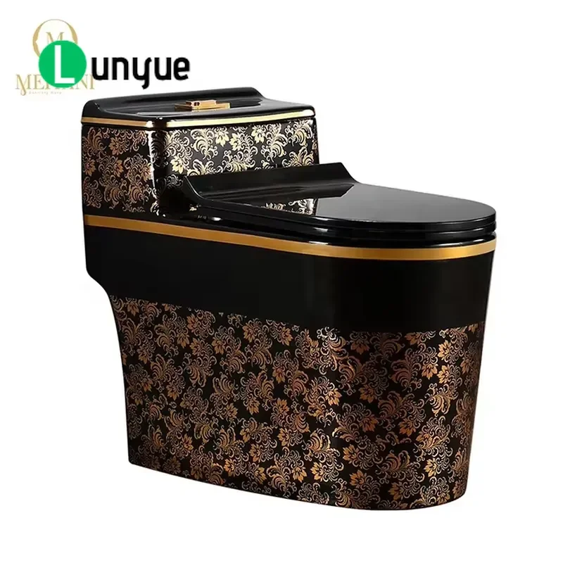 Black Gold Flower Pattern Luxury Chinese Style Ceramic Toilet Bowl Wholesale Design for Hotel Bathroom Modern Sanitary Ware