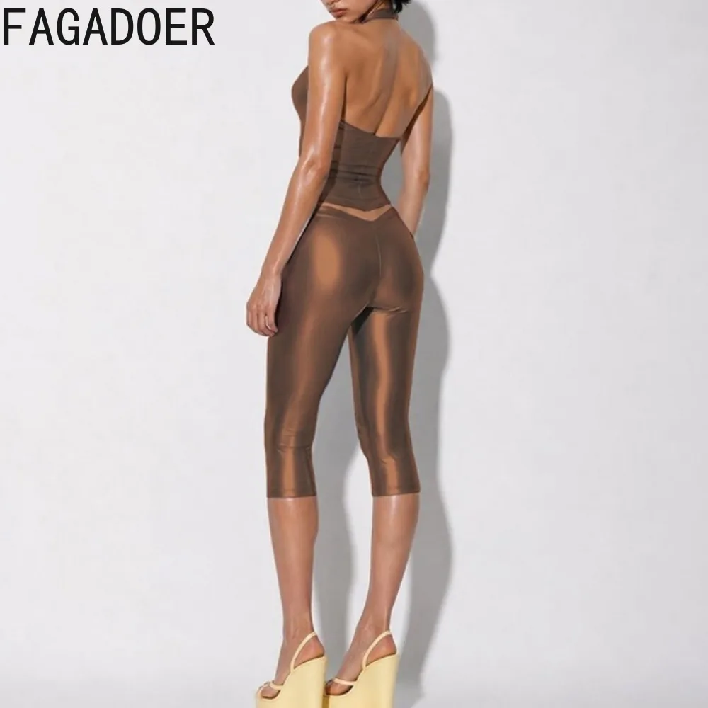 FAGADOER Women Metallic Two Piece Set Halter Deep V Top Low Rise Capri Pants Sexy Bodycon Y2K Party Clubwear Outfit - view 4