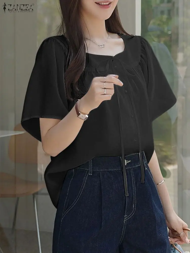 

Women Shirt ZANZEA Elegant OL Summer 2025 Short Sleeve O-Neck Casual Solid Blouse Fashion Buttons Bandage Korean Tops Chic Tunic