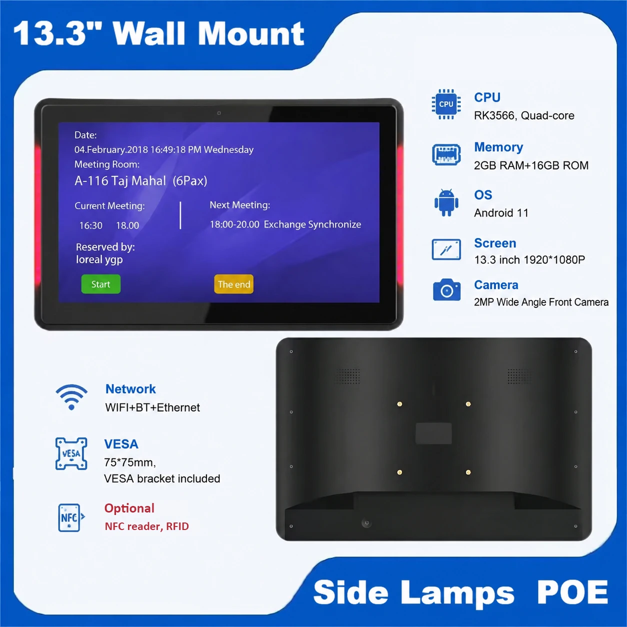 13.3-inch wall-mounted digital signage with LED light strip, supports NFC and RFID, suitable for conference rooms, factories, et
