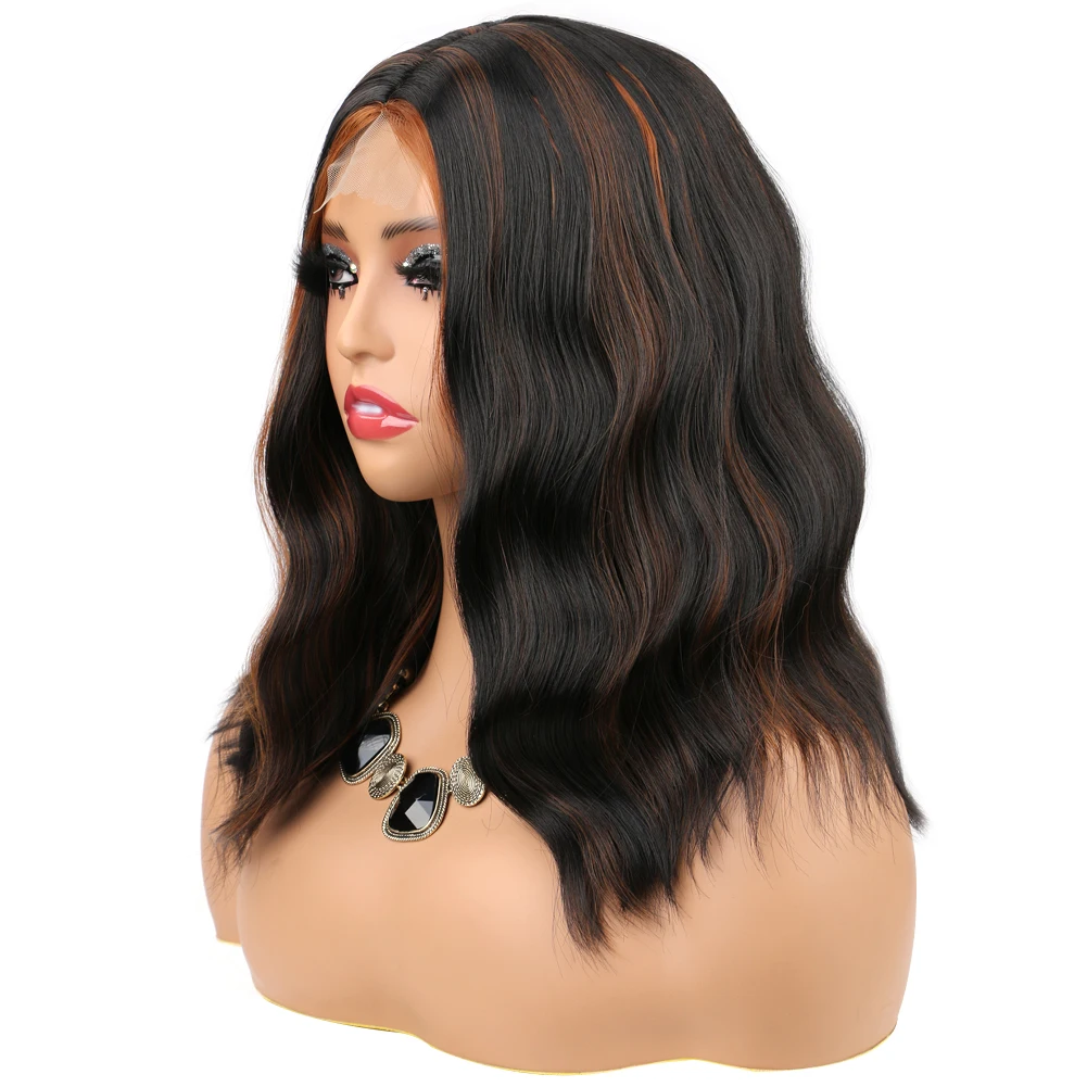 براون مختلط شقراء قصيرة متموجة الباروكات للنساء الجزء الأوسط الدانتيل شعري بوب شعر مستعار الاصطناعية 14 بوصة تسليط الضوء على الشعر الطبيعي