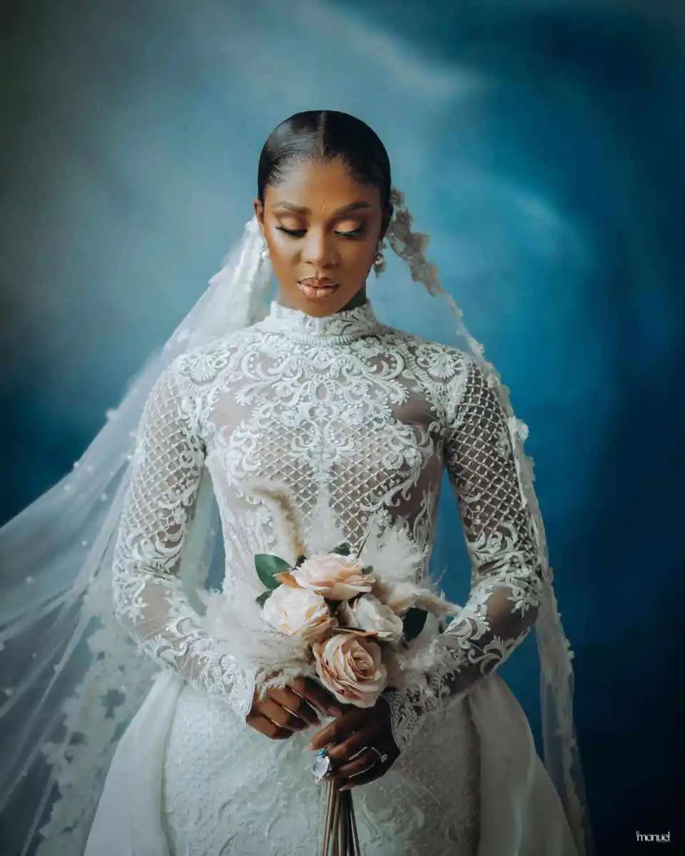 Elegante Zeemeermin Trouwjurk Hoge Hals 3D-Kant Bruidsjurken Glans Pailletten Applicaties Vestina De Novia Plus Size Aangepaste