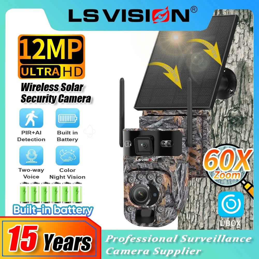 LS VISION 12MP 4G/WiFi caméra de sécurité solaire 60X Zoom extérieur Camouflage PTZ batterie caméra CCTV Surveillance caméra solaire Ubox