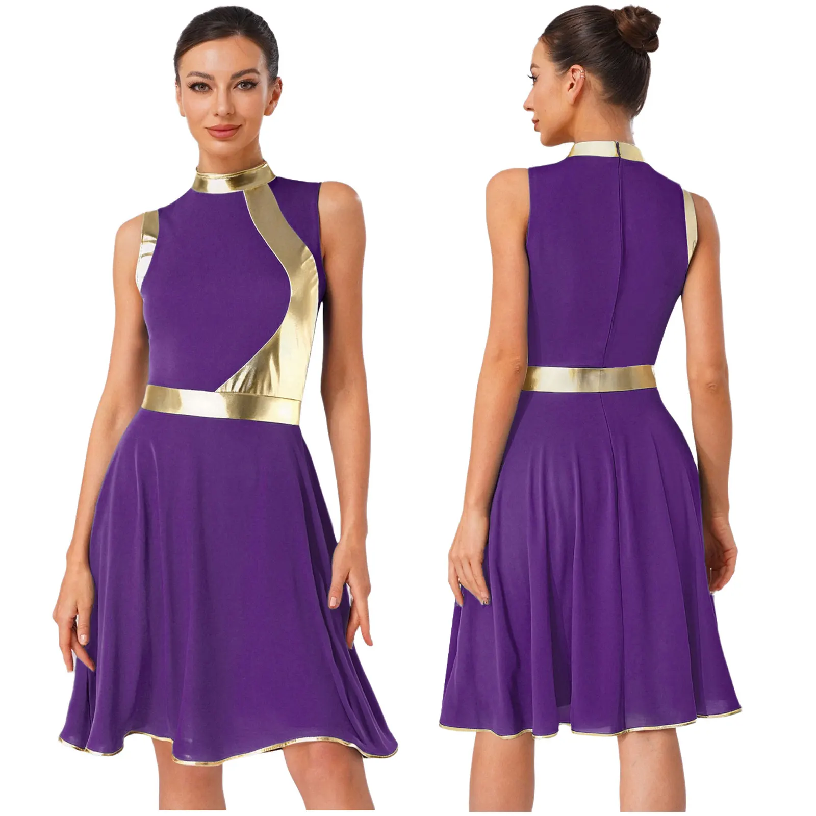 

Women Church Choir Worship Dress Liturgical Praise Lyrical Dance Performance Costume Metallic Sleeveless Ballet Modern Dancewear