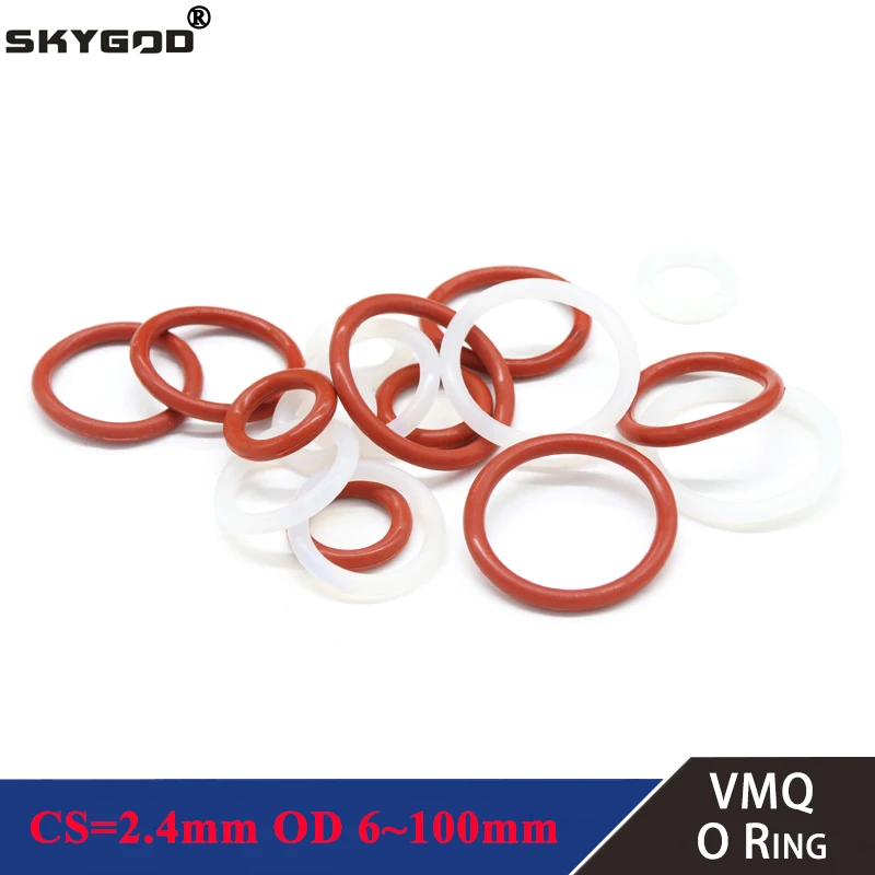 10/50pcs VMQ O Ring Gasket CS 2.4mm OD 6 ~ 100mm Waterproof Washer Silicone Rubber Insulate o-ring Food Grade Red/White