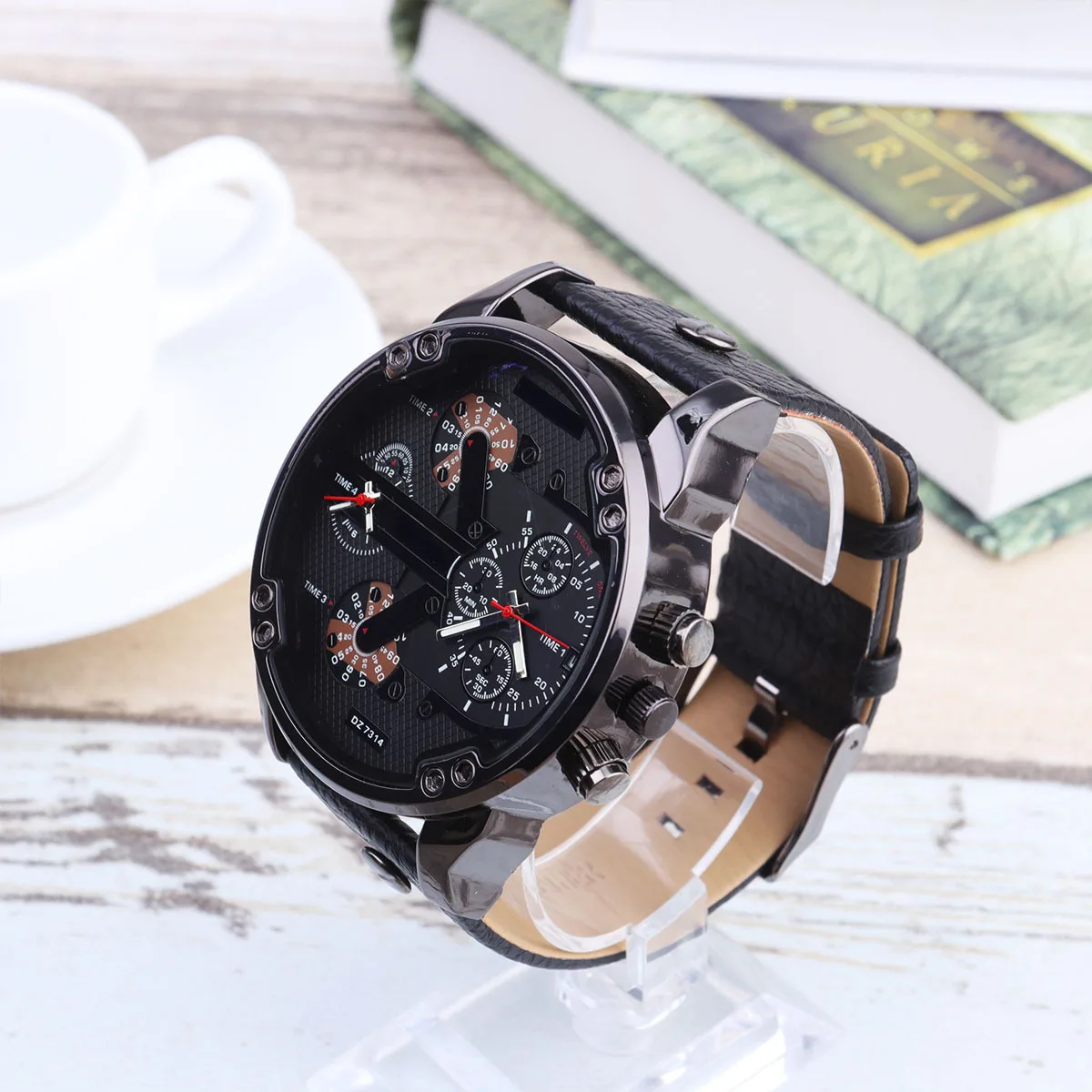 Relógio de pulso masculino com mostrador grande, relógio de pulso elegante em pu, preto, dois movimentos, calendário, presente para amigos masculinos