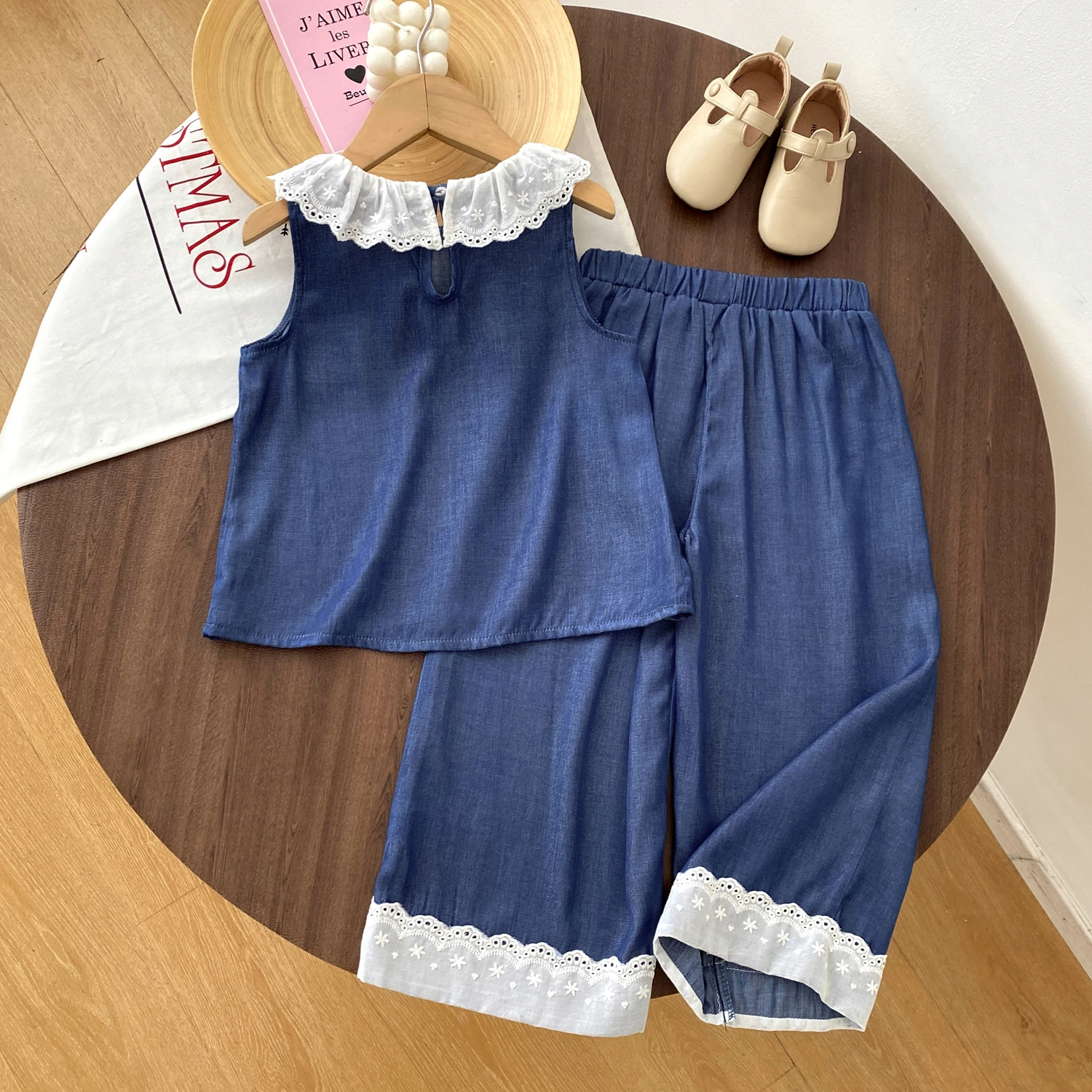 Girls Clothing Sets Summer Solid Cowboy Blue Lace Lapel Vest+Lace Wide Leg Pants Kids Clothes Suit 2pcs Outfits