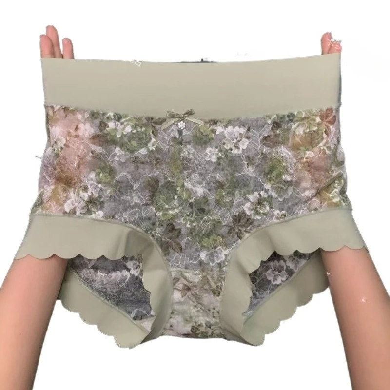 

New High-waisted Sexy Ice Silk Printed Large-size Retro Lace Hollow Women's Underwear Seamless Breathable Briefs Smooth and Soft