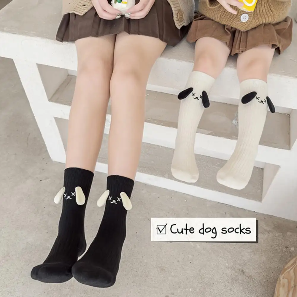 1 Pair Children Socks Mid-tube Length 3D Dog Ear Decor Cartoon Elastic Warm Striped Solid Color Girls Winter Fall Calf Socks