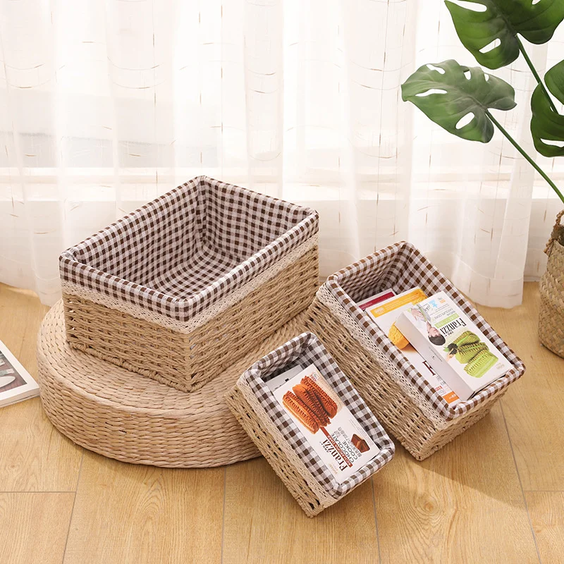 Vine Woven Storage Basket Square Cloth Storage Basket Snack Fruit Sundries Container Straw Wicker Organizer Rattan Home Supplies