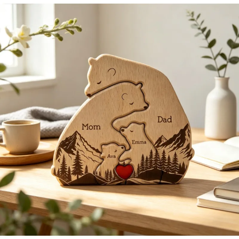 Wooden Bear Family Figurine Set with Engraved Name, Chubby Forest Animal Puzzle Craft for Home Decor, Heartwarming Gift for Mom