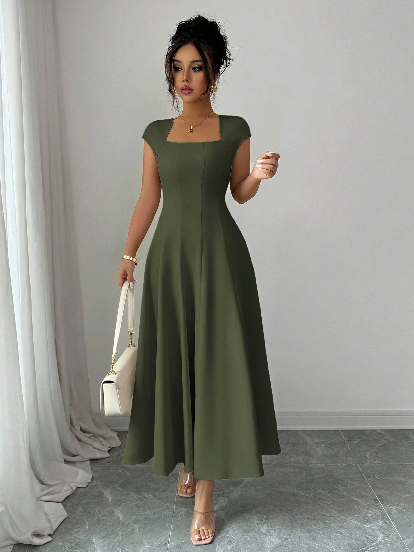 

Оливково-зеленое платье миди А-силуэта с квадратным вырезом, короткими рукавами и декоративной отделкой на талии для офиса, пляжа, отпуска и фестивалей