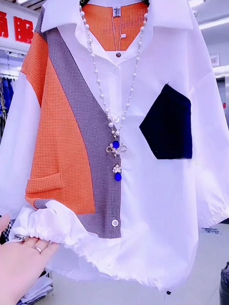 

Fashionable Casual Color Block Women's Shirt Thin Summer New Style Elegant Slimming Design Korean Version Collar Button up