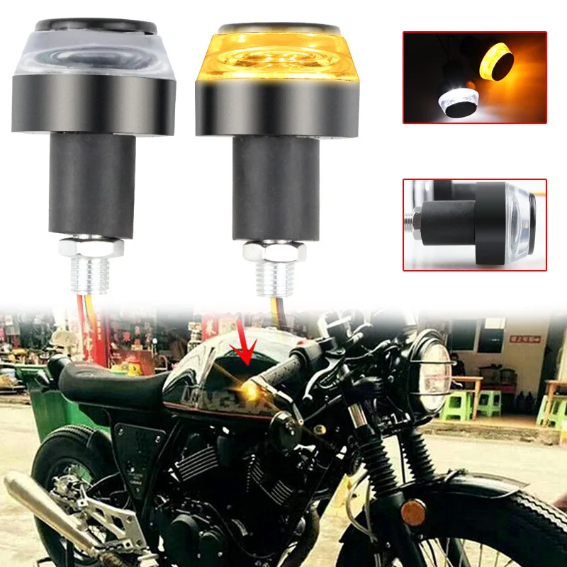 12V CNC Turn Signals Motorcycle LED 22mm Handlebar End Light White Yellow Flasher Handle Grip Blinker Side Marker Hand Lamp