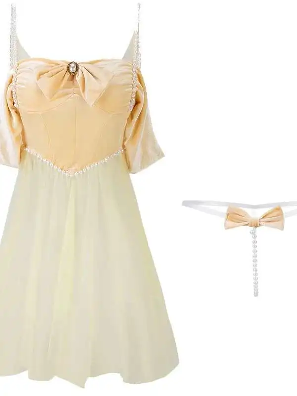 섹시한 구슬 문자열 레이스 업 투명한 달콤한 탈출 공주 슬리핑 드레스 우아한 유니폼 메쉬 레이스 쉬어 미니 드레스 TV23