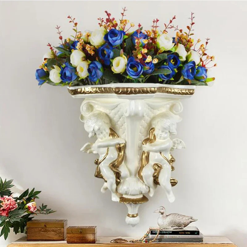 

European Ancient Fresco Decoration Crafts Supplies Floral Arrangement Home Wall Angel Hanging Vase Decor Fake Flower Ornament