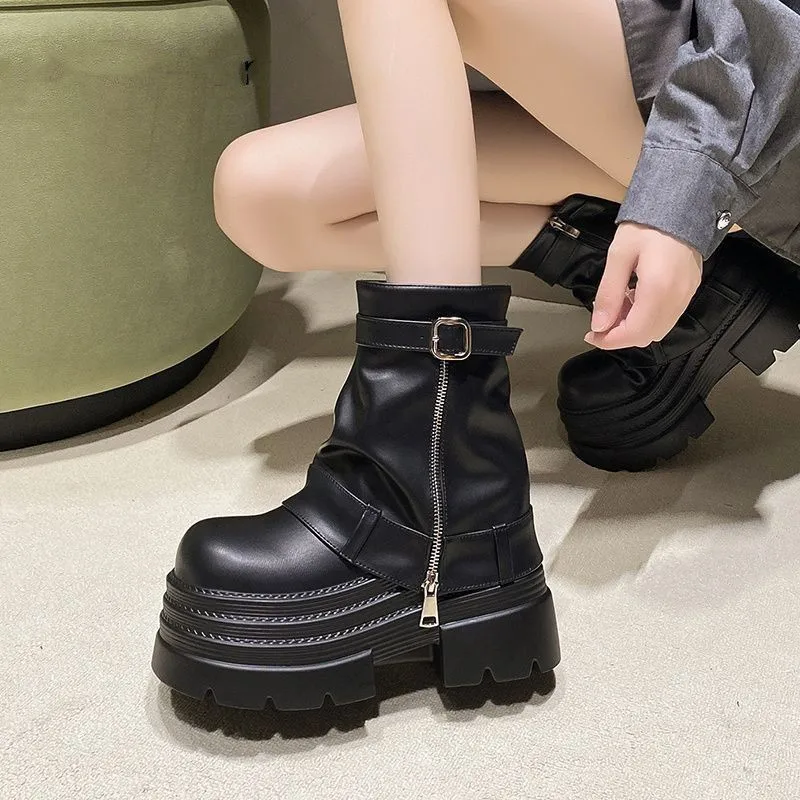 2026 New Winter Women Black Ruched Platform Ankle Boots Round Toe Metal Buckle Side Zipper Stacked Sole Goth Punk Fashion - view 2