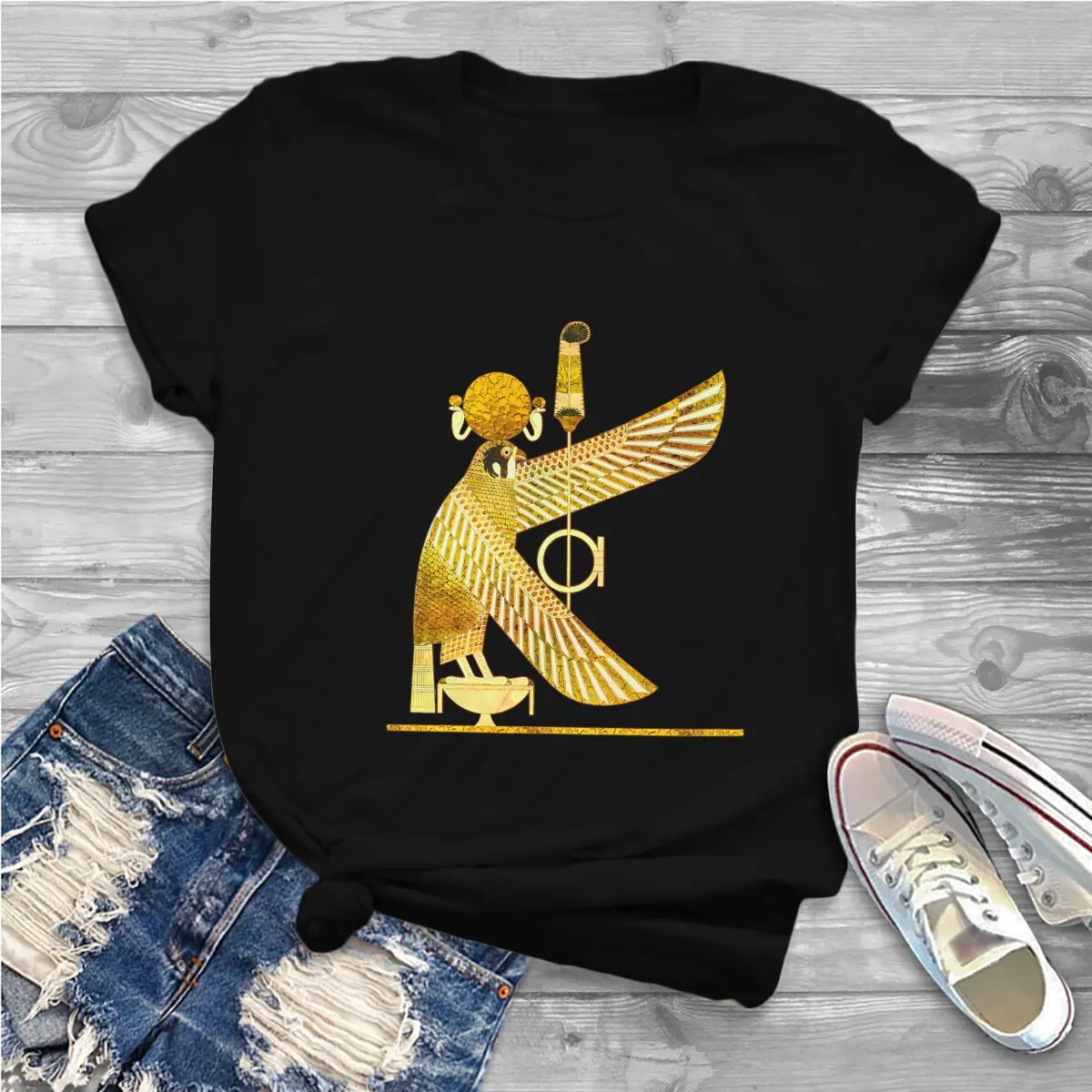 Goldener ra ägyptischer Sonnengott runder Kragen Polyester T-Shirt altes ägyptisches Symbol klassisches T-Shirt Frau