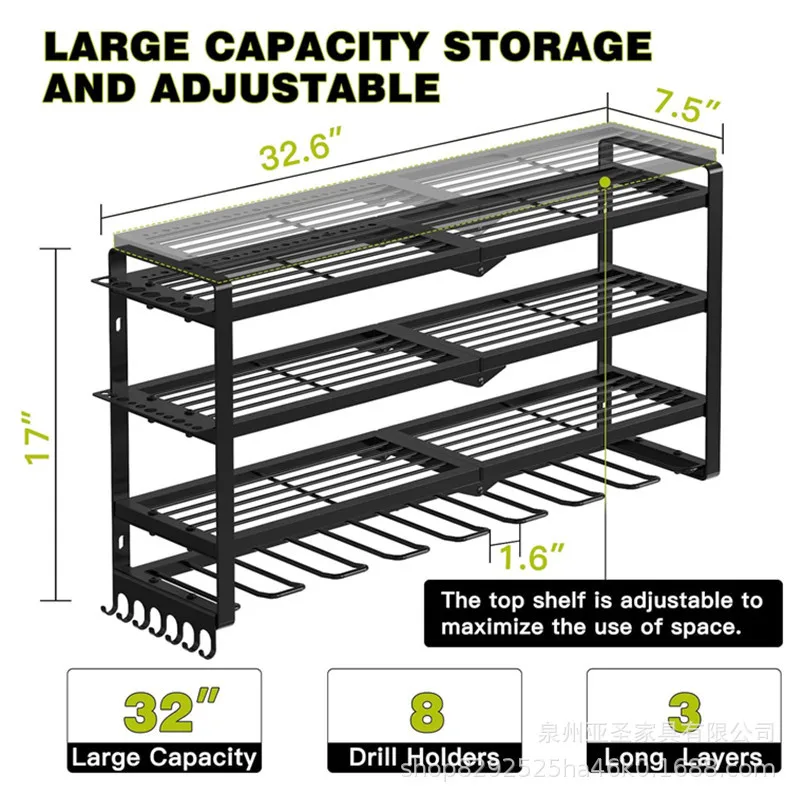Wall Mount Power Tool Organizer 4 Tier Steel Rack Holds Screwdrivers Drills Wrenches Garage Workshop Storage Shelf with Bit