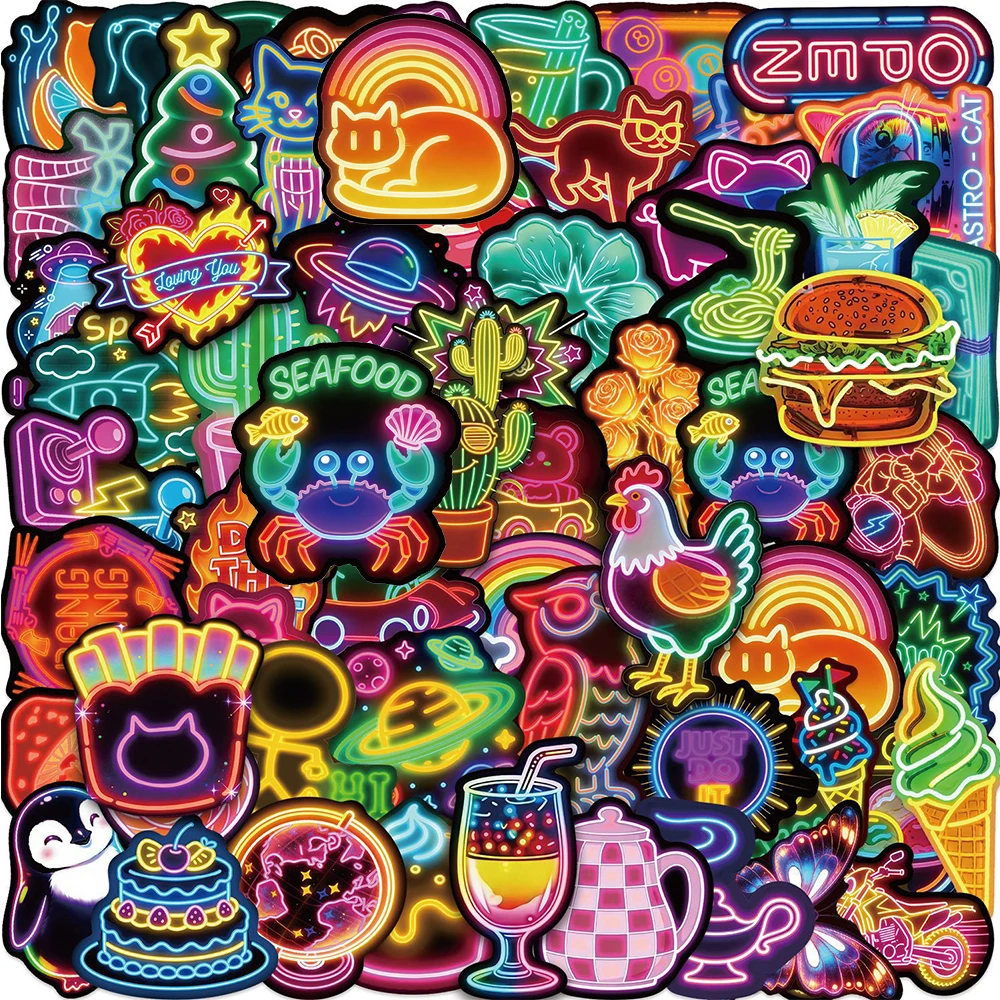 10/30/60pcs Cartoon Animal Food Neon Light Stickers Funny Graffiti Sticker Skateboard Phone Case Notebook Cute Decals Decoration