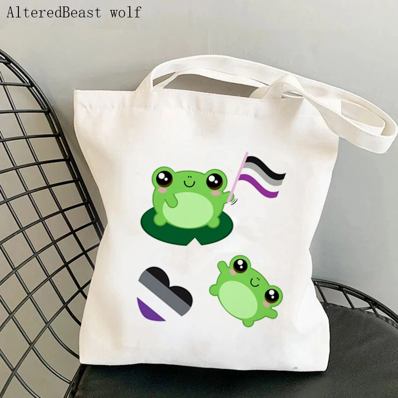 Women Shopper bag Kawaii Froggy Waving Abrosexual Pride Flag Bag Harajuku Canvas Shopper Bag girl handbag Shoulder Lady Bag