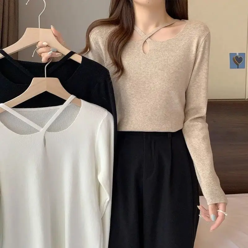 Spring Autumn New Chic Cut Out Knit Sweater Women Clothing Sexy Clavicle Slim Long Sleeve Pullovers Lady Solid Y2K Thin Tops