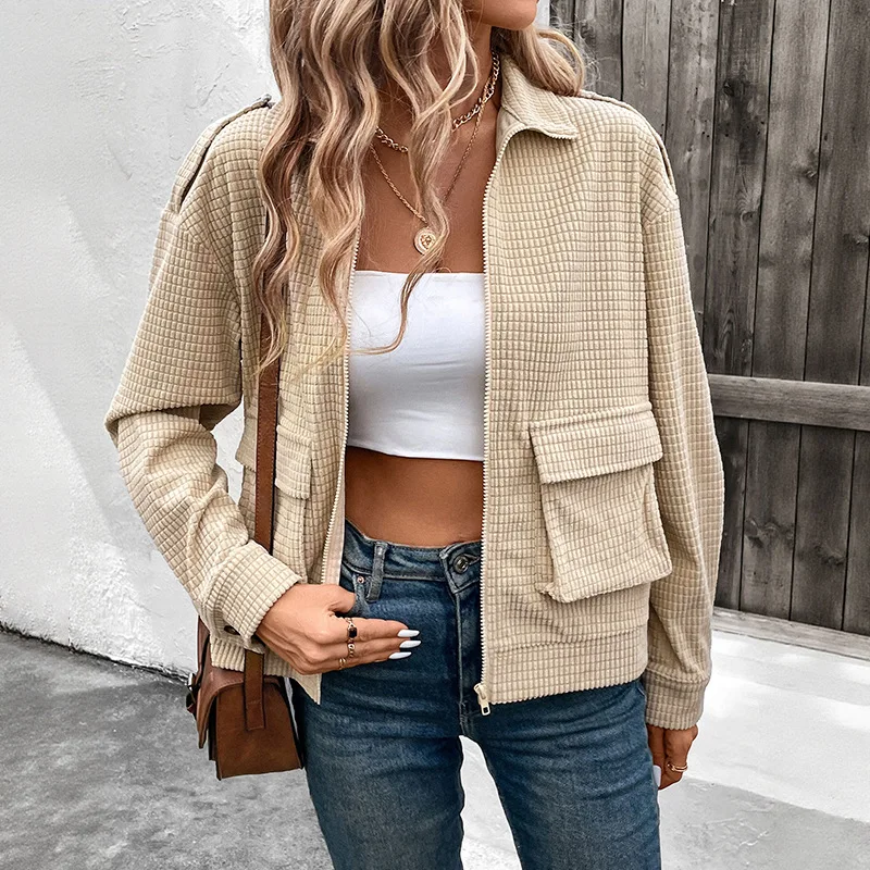 Autumn Chic Female Jackets Outwear Zipper Fashion Streetwear Coats Casual Retro Style Coat Texture Lapel Solid Jacket Women