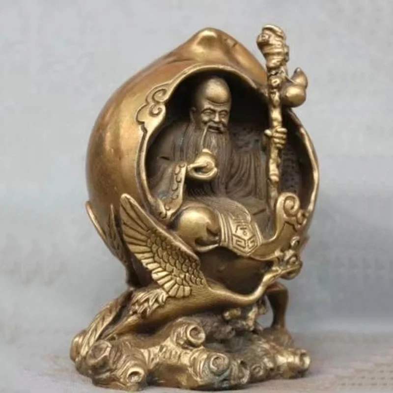 

7 " Exquisite Chinese Fengshui Brass God of longevity Sitting in Big Peach Crane Statue