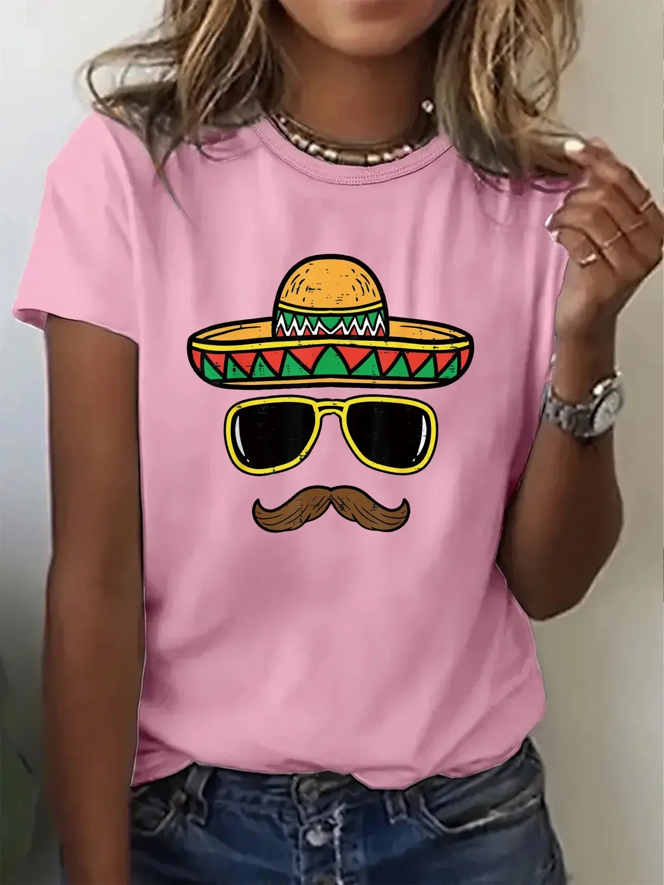 Sombrero Face Mexican Independence Day Women T Shirt Summer Fashion Short Sleeved T-shirt Tee Tops Printed O-neck Casual T-shirt