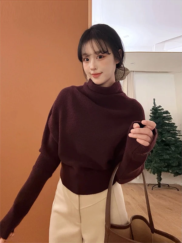 

Laid-ba Sle High Collar Batwing Sve Red Sweater Women's Faion Early Spring Bestseller New Year Aosphere Clothing K...