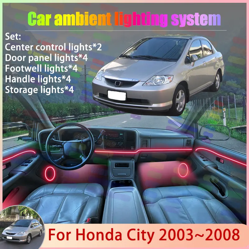 

Для Honda City MK4 GD6 GD7 GD8 GD9 GE 2003 ~ 2008 2/18 в 1, автомобильная атмосферная лампа, RGB абажур, ансамбль, стример, атмосферный набор