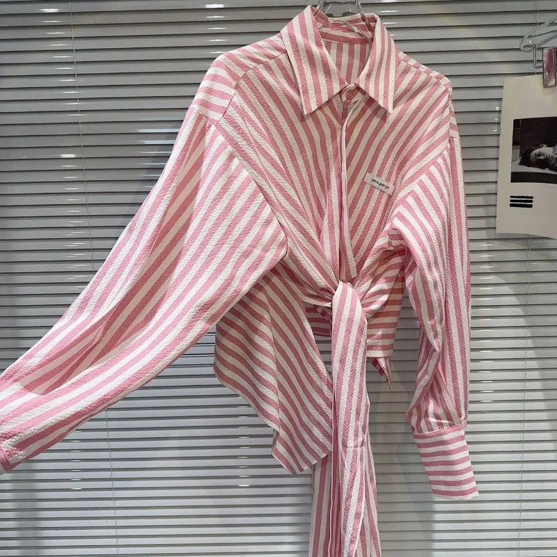 여성 빈티지 스트라이프 레이스 업 비대칭 디자인 셔츠 옷깃 긴 소매 세련된 블라우스 봄 한국 패션 캐주얼 슬림 피트상의