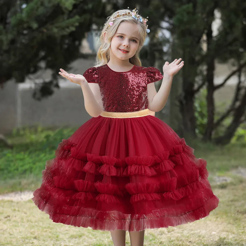 Red Flower Girl Wedding Bridesmaid Dresses For Kids Teens Formal Birthday Party Bow Knot Belt Costumes Fashion Evening Prom Gown