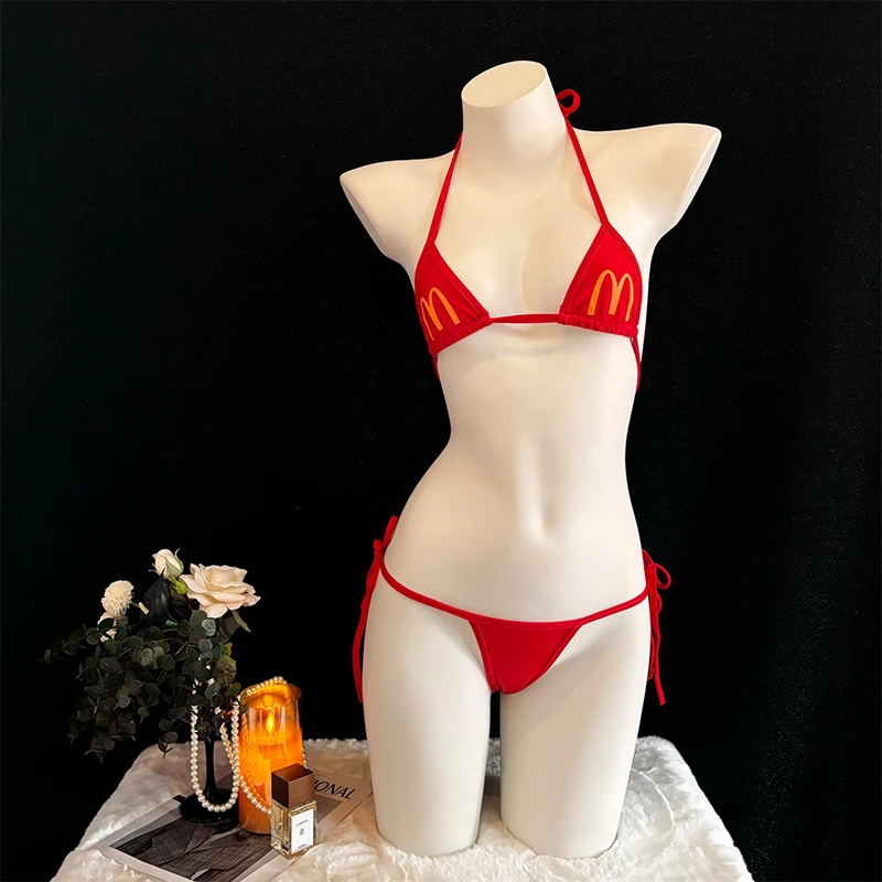 Hot Sexy Summer Women's Gold Arch M Mark Bralette Bikini Set Anime Sexy Cosplay Lingerie Backless Lace-Up Reggiseno Perizoma Biancheria Intima