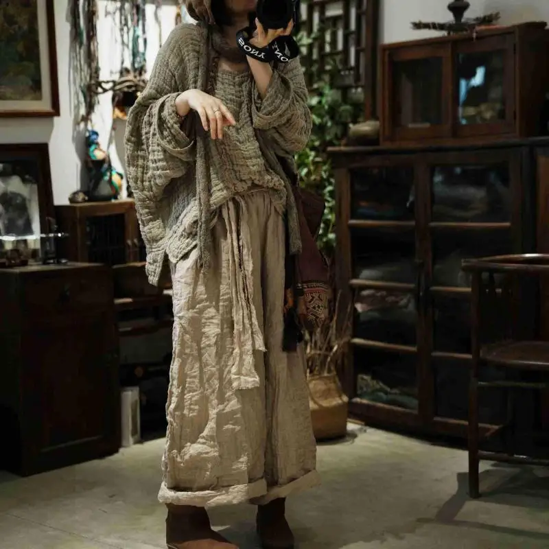 2026 Spring Autumn Arts Style Women O-neck Batwing Sleeve Pullovers High Quality Texture Linen Vintage Loose Solid Hoodie SN363