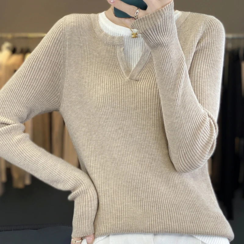 

100% Wool Spring New O-neck Sweater Women Fashion Solid Fake Two Pieces Autumn Slim Top Knit V-neck Long Sleeve Female Pullover