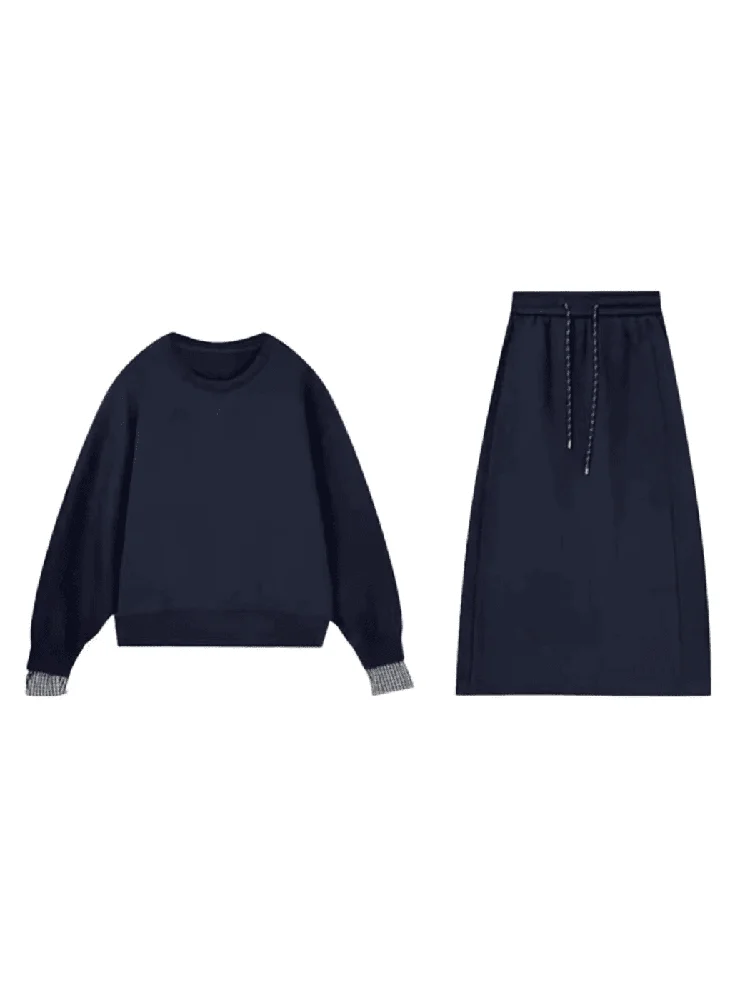 

Spring Casual Sle Miu Series Plaid Patchwork Sweatirt And Skirt Set Women's Faion Trend High Waist round Ne Knitted Top